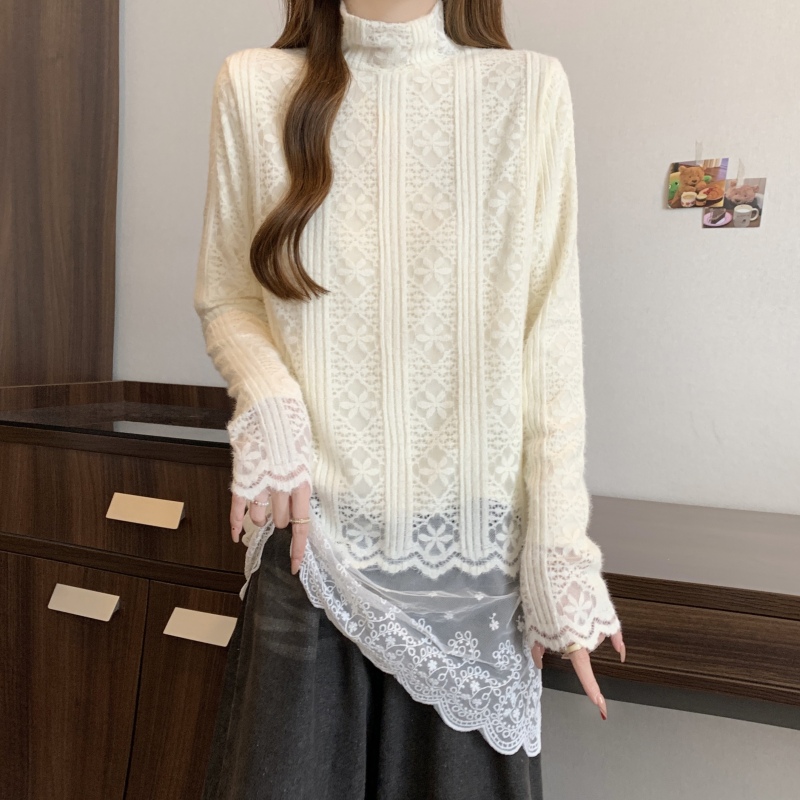 Large size double layer plush brushed half turtleneck lace trim long sleeve top