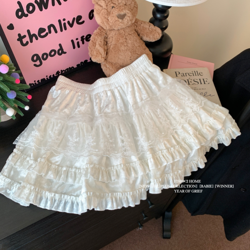 White velvet ruffle skirt for women autumn and winter new French age-reducing lace stitching high-waisted skirt