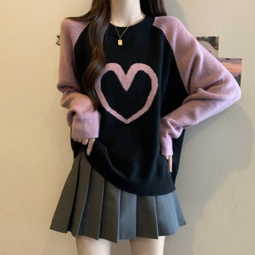 Large size love pattern sweater women's high-end autumn new fat mm slim knitted sweater top