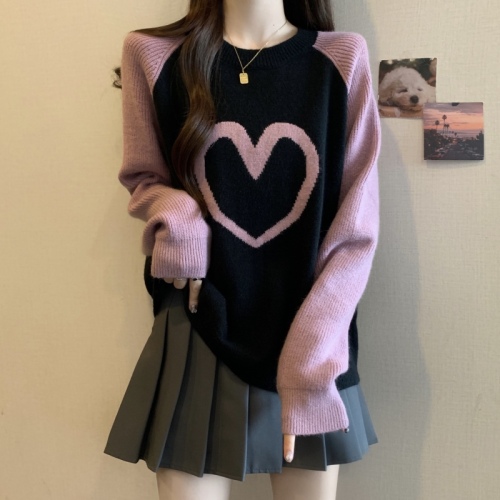 Large size love pattern sweater women's high-end autumn new fat mm slim knitted sweater top