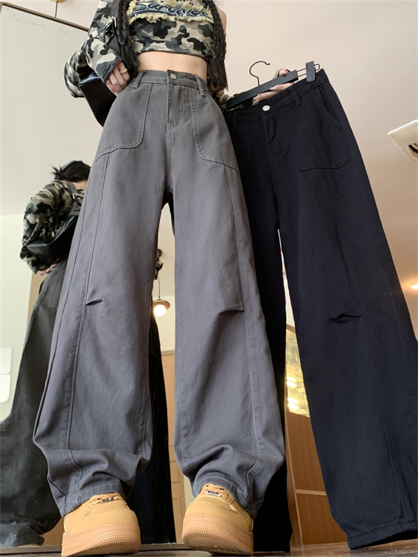 Pear-shaped body casual overalls for women in autumn new fat mm high-waisted loose slimming straight wide-leg trousers