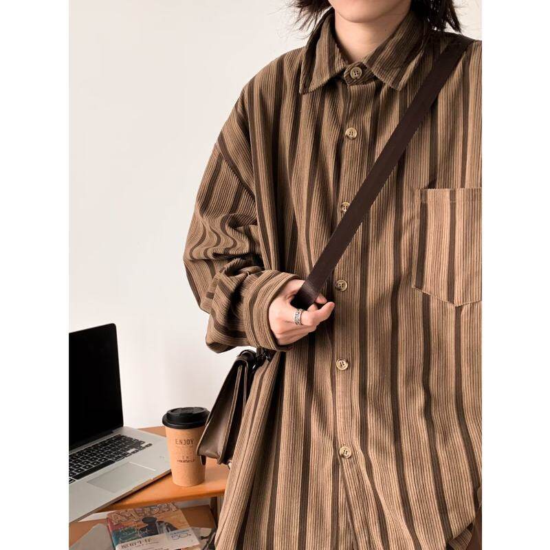 Spring and autumn new Japanese retro square collar vertical striped shirts for men and women loose casual long-sleeved shirts and jackets
