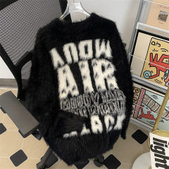 Autumn and winter trendy brand letter jacquard mink velvet warm crew neck sweater