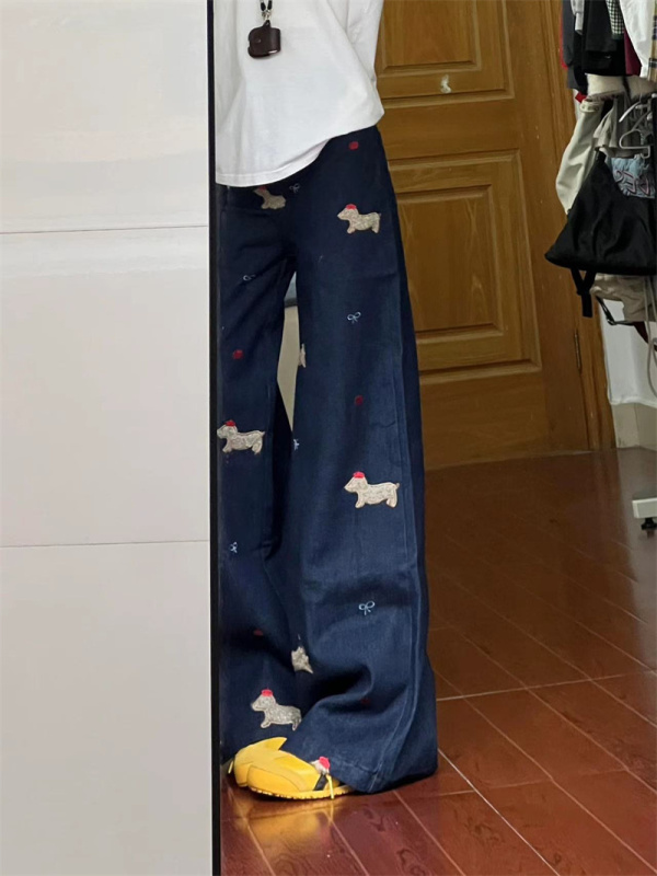 American puppy embroidered low-waist black jeans for women in spring and autumn, straight-cut slim floor-length wide-leg pants with design