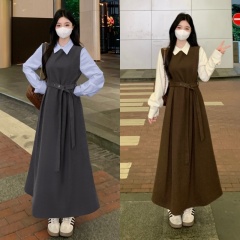 Autumn and winter new fake two-piece simple lapel spliced ​​woolen material high-end slim long dress