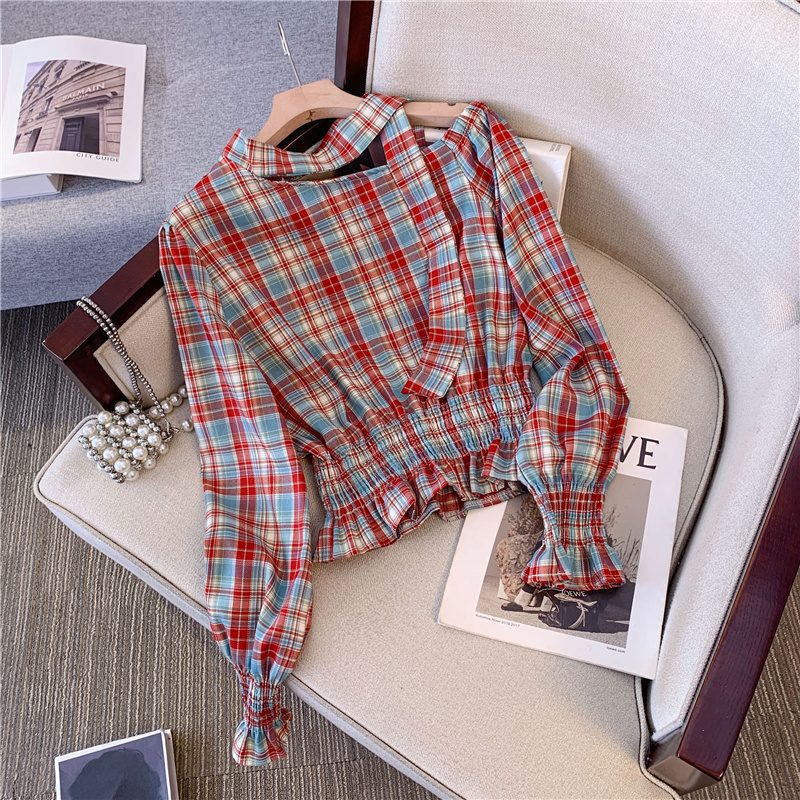 Korean style fashionable slant collar off-shoulder chic and beautiful long-sleeved waist plaid shirt for women
