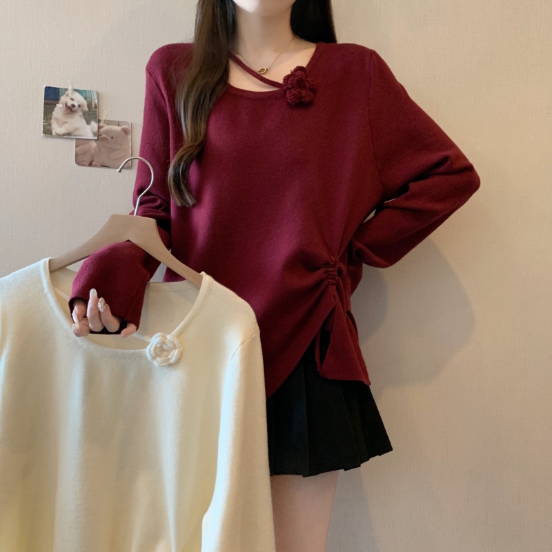 Fat girl large size autumn and winter new irregular three-dimensional flower sweater design drawstring slimming top