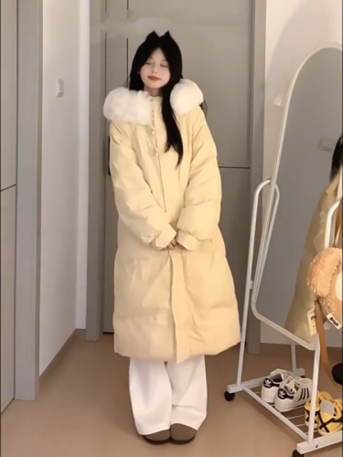 2024 new autumn and winter Korean style fashionable and chic hooded design mid-length large fur collar cotton jacket for women