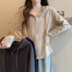 Large size fat mm loose hooded design German velvet zipper cardigan plus velvet hoodie bottoming outer T-shirt