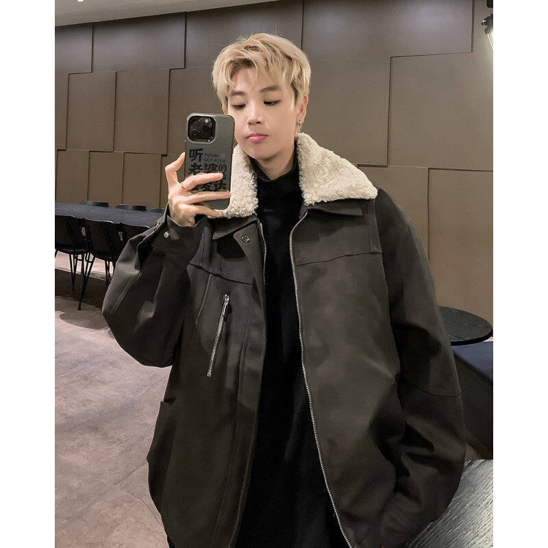 American retro high street niche warm loose leather lamb collar cotton coat