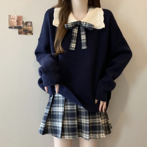 Plus size fat mm college style contrasting color versatile doll collar sweater women's autumn and winter loose knitted sweater top