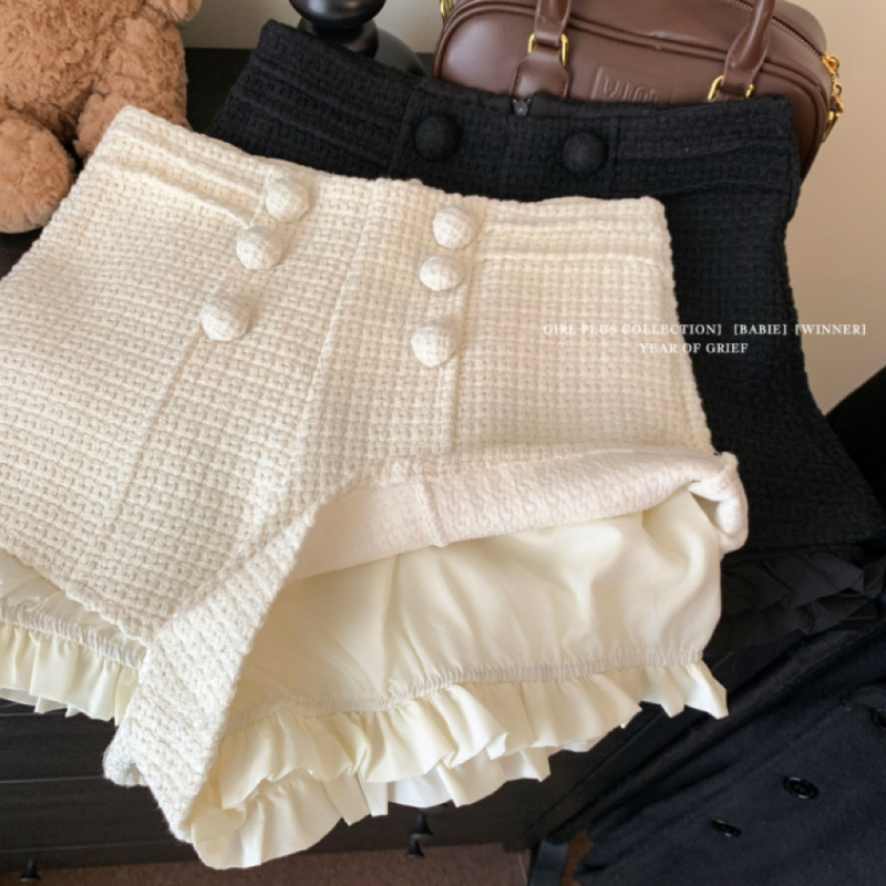 Xiaoxiangfeng versatile double-breasted sequined tweed high-waist slim wide-leg pants shorts for women autumn and winter new style