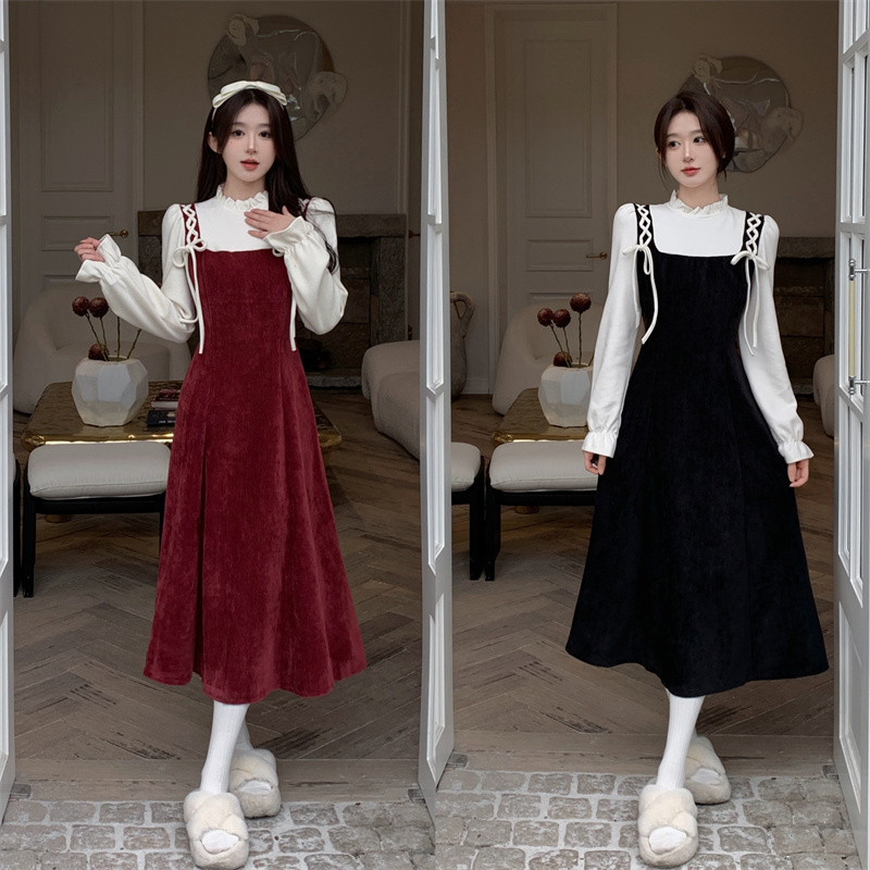 Plus size women's autumn and winter French retro fake two-piece fungus edge collar dress fat girl hidden flesh slimming skirt