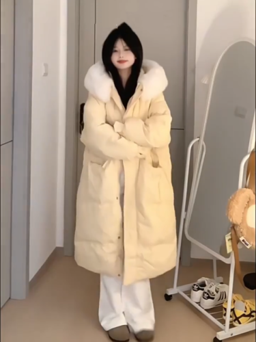 2024 new autumn and winter Korean style fashionable and chic hooded design mid-length large fur collar cotton jacket for women