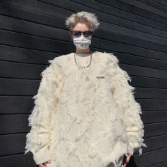 Winter American high street ins trendy deer plush thickened tassel raw edge sweater