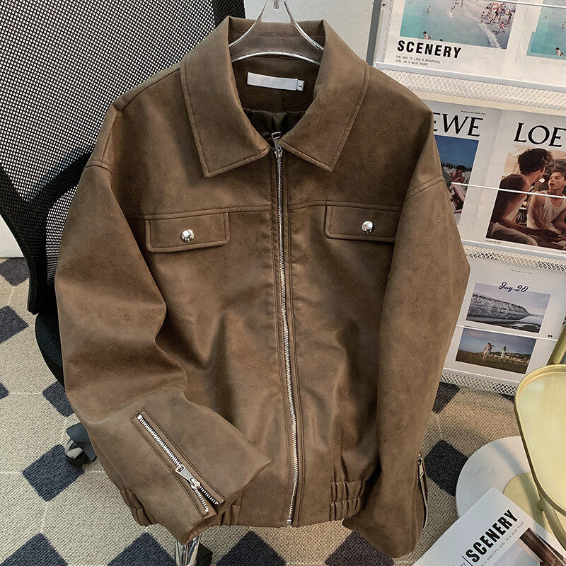 American retro trendy brand loose, simple and versatile pu leather motorcycle jacket