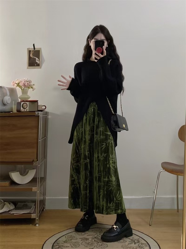 New Chinese-style suit for women in autumn and winter, irregular top, fat girl covering the flesh, showing slimming, high-waisted skirt, two-piece set