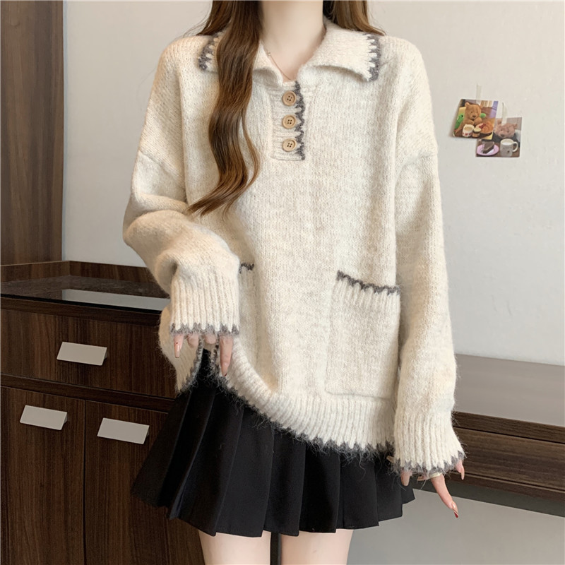 Large size 2024 Japanese sweet contrast lace POLO collar sweater autumn and winter casual versatile retro sweater