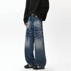Gradient crack jeans autumn American street handsome washed tie-dyed loose straight trousers