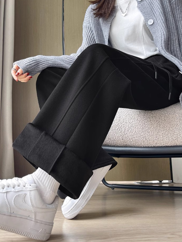 Narrow Banana Wide Leg Pants Women's Spring, Autumn and Winter 2024 New Velvet Straight Casual Sports Sweatpants for Small People