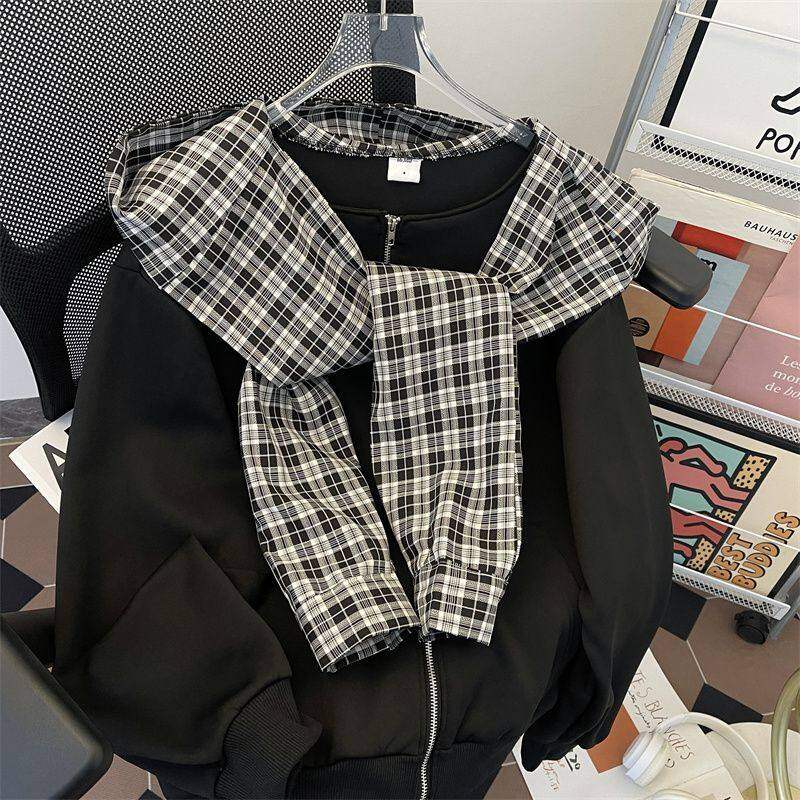 Fake two-piece patchwork plaid contrasting color lazy shawl hooded jacket high-end zipper sweatshirt
