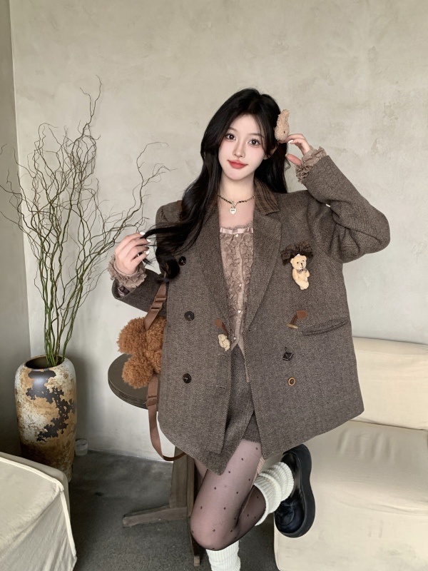 Large size college style retro quilted long-sleeved blazer plaid patchwork retro button woolen skirt two-piece set