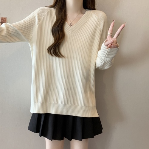 Korean style belly-covering thickened V-neck sweater sweater for women 2024 autumn and winter large size slightly fat mm loose top