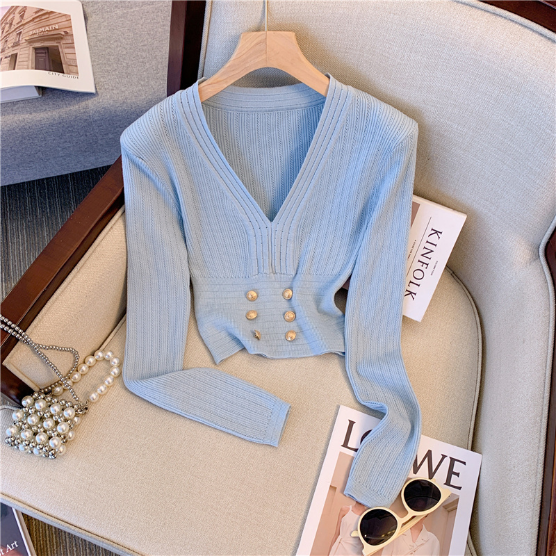 Pure lust-style V-neck long-sleeved slim-fitting sweater, French style, high-end, chic and beautiful short top