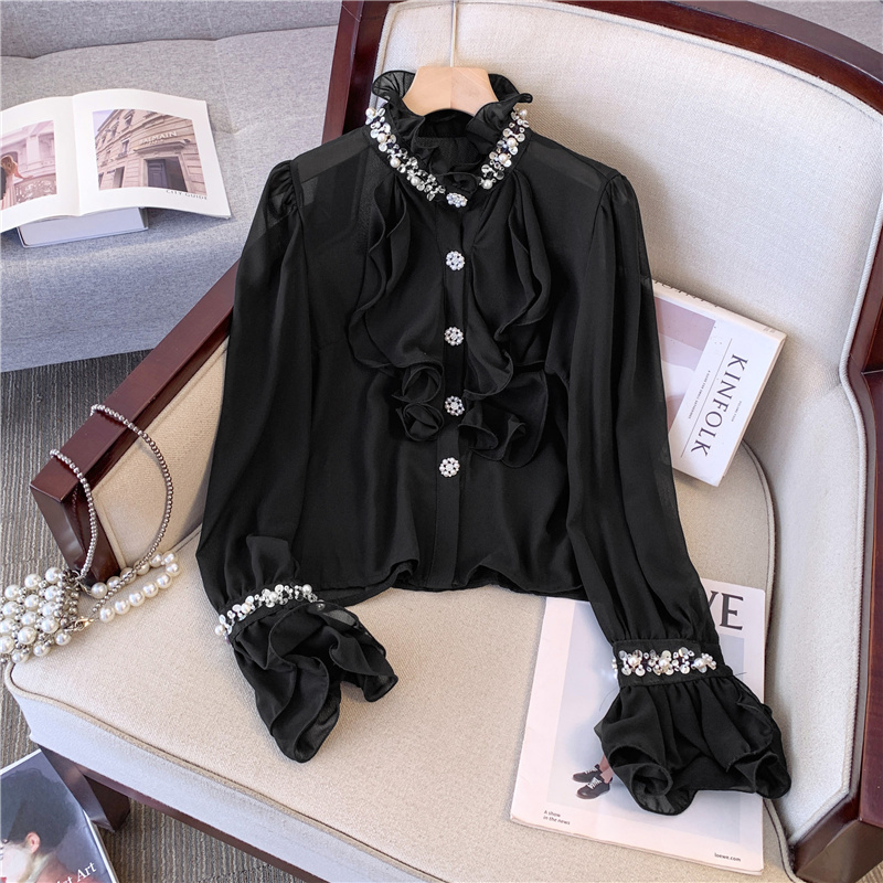 Diamond-encrusted lotus leaf collar long-sleeved shirt, waist-cinching and elegant chiffon shirt, stunning design and gold-like top