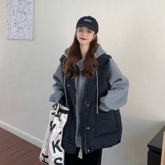 Spot large size 2021 winter new fat MM fashionable waist loose fake two-piece spliced ​​hooded cotton jacket