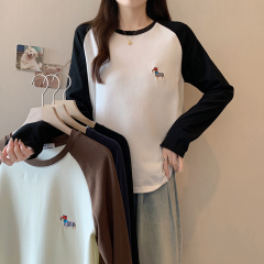 Spot 2024 autumn and winter new fat mm plus size women's casual color matching embroidery thickened warm base shirt T-shirt