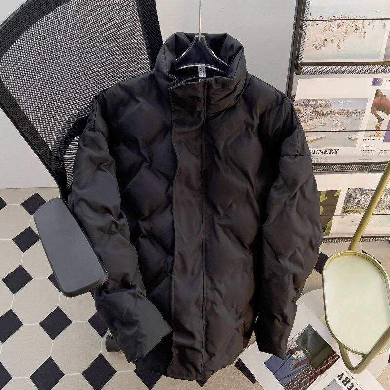 Winter thickened cotton jacket for men with stand-up collar, retro rhombus wrinkled design, handsome jacket and bread suit
