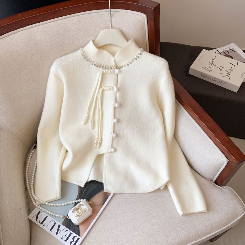 New Chinese style improved version of disc button knitted cardigan for women irregular loose temperament sweater jacket thickened