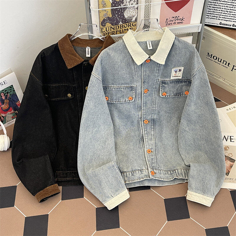 American retro corduroy stitching loose denim jacket men's spring and autumn couple jacket trendy