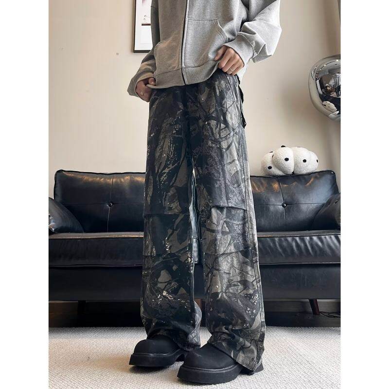 American retro high street branch camouflage pleated overalls men's new straight loose trousers