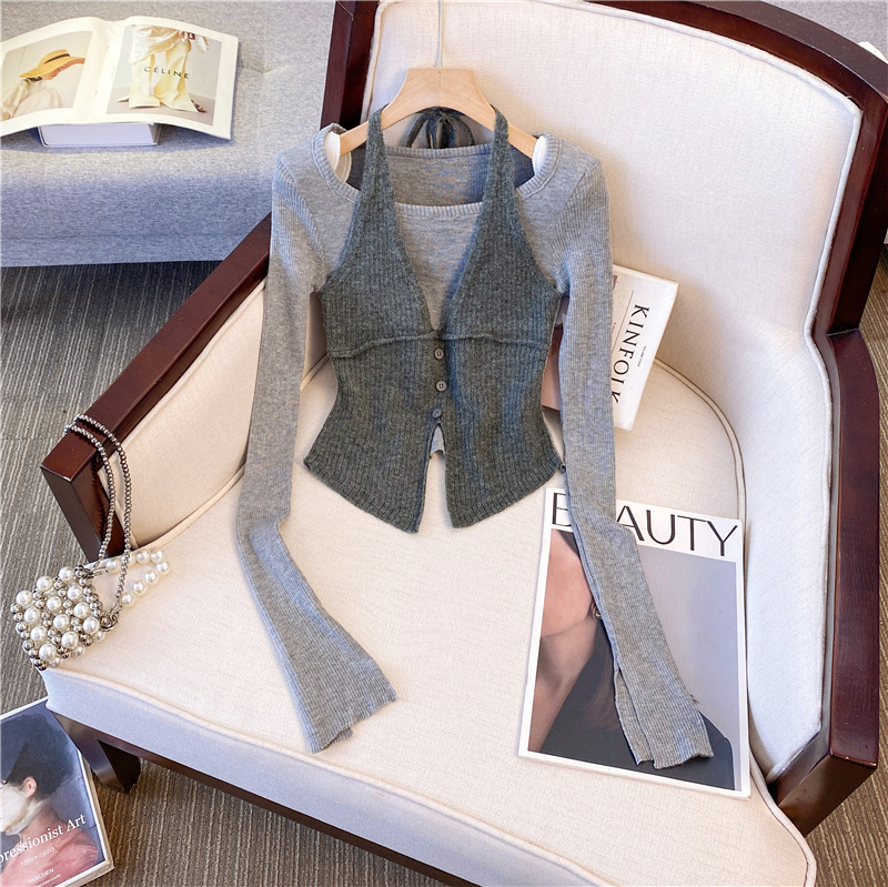 Round neck sweater fake two-piece women's autumn and winter new slim fit, gentle and sweet warm high-end knitted sweater