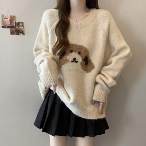 Large size puppy jacquard sweater women's autumn and winter lazy high-end V-neck slim sweater top