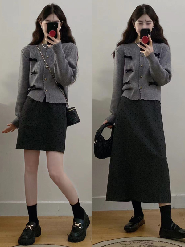 Spot large size women's clothing for fat mm in autumn and winter loose bow sweater cardigan plus polka dot woolen skirt