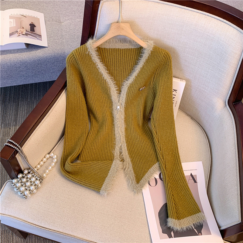 Thin shiny silk sweater for women in autumn and winter pure lust sweet hottie v-neck furry top knitted cardigan jacket