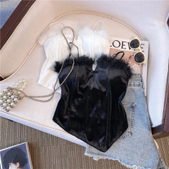 French hot girl's irregular feather v-neck camisole with breast pads and sleeveless top