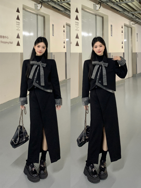 Thousand gold style bow tie loose three-dimensional cutting wool patchwork quilted jacket and skirt two-piece set
