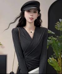 German velvet irregular pleated long-sleeved T-shirt for women in autumn fashion waist slimming long-sleeved bottoming top