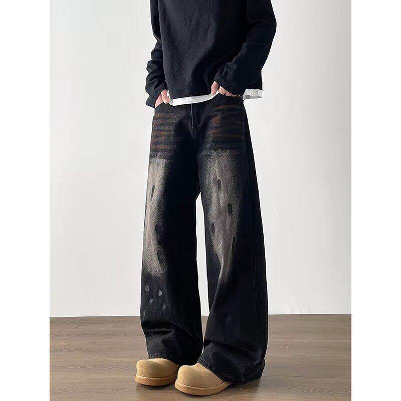 Dirty washed old lazy jeans men's American high street vibe loose wide leg pants floor mopping pants