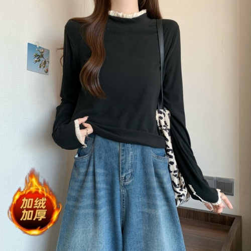 Spot large size German velvet lace double-sided fungus half turtleneck bottoming shirt for women autumn and winter plus velvet top 1832
