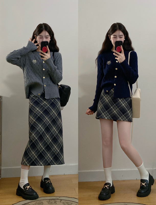 In stock 2024 autumn and winter new large size college style knitted sweater cardigan + plaid skirt two-piece set