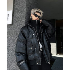 Winter high street handsome splicing fake two-piece pu leather stand-up collar cotton jacket