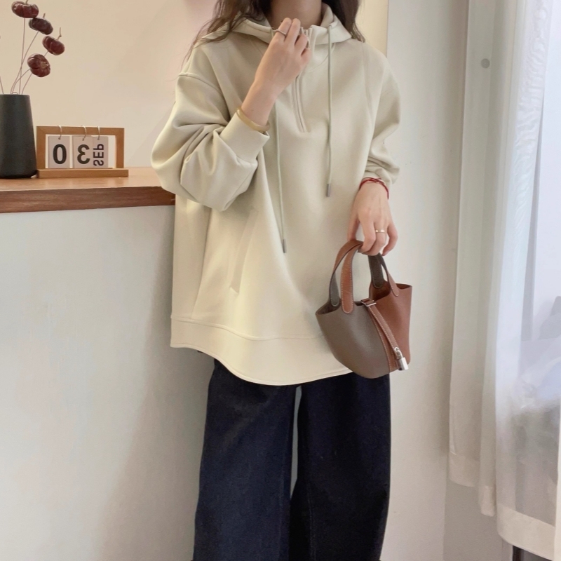 Autumn and winter drawstring half-zip loose fashionable casual coat long-sleeved outer hooded lazy style sweatshirt plus size top