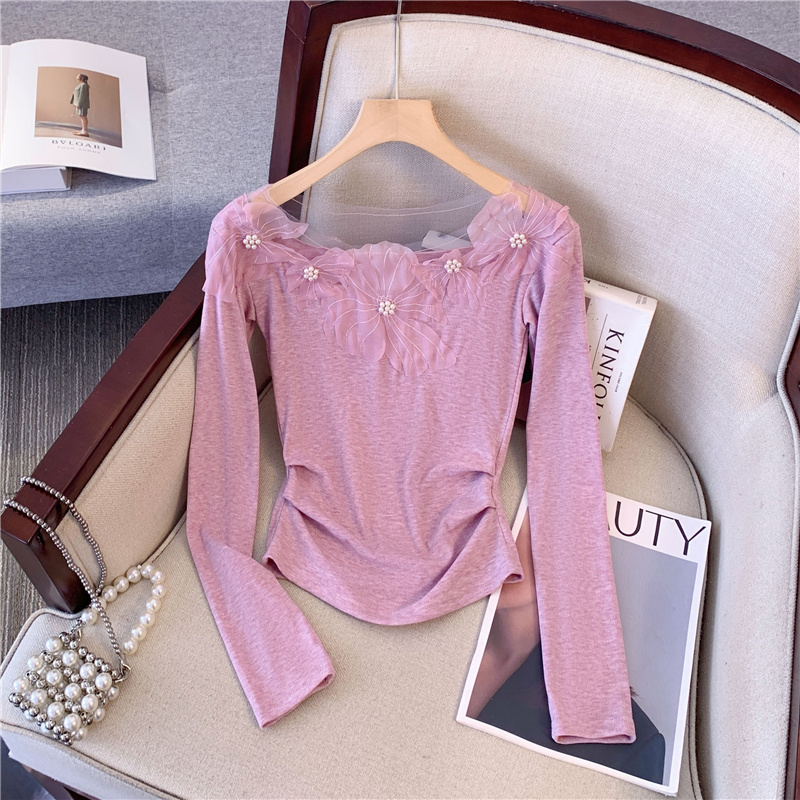 French design three-dimensional chic flower one-line collar long-sleeved T-shirt women's autumn temperament slim top ins