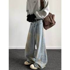 American distressed mud-dyed yellowed jeans for men, spring and autumn niche retro loose straight wide-leg pants