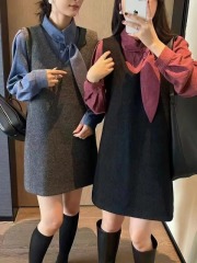 Korean style suit skirt autumn and winter new age-reducing niche woolen vest skirt + high-end ribbon shirt two-piece set